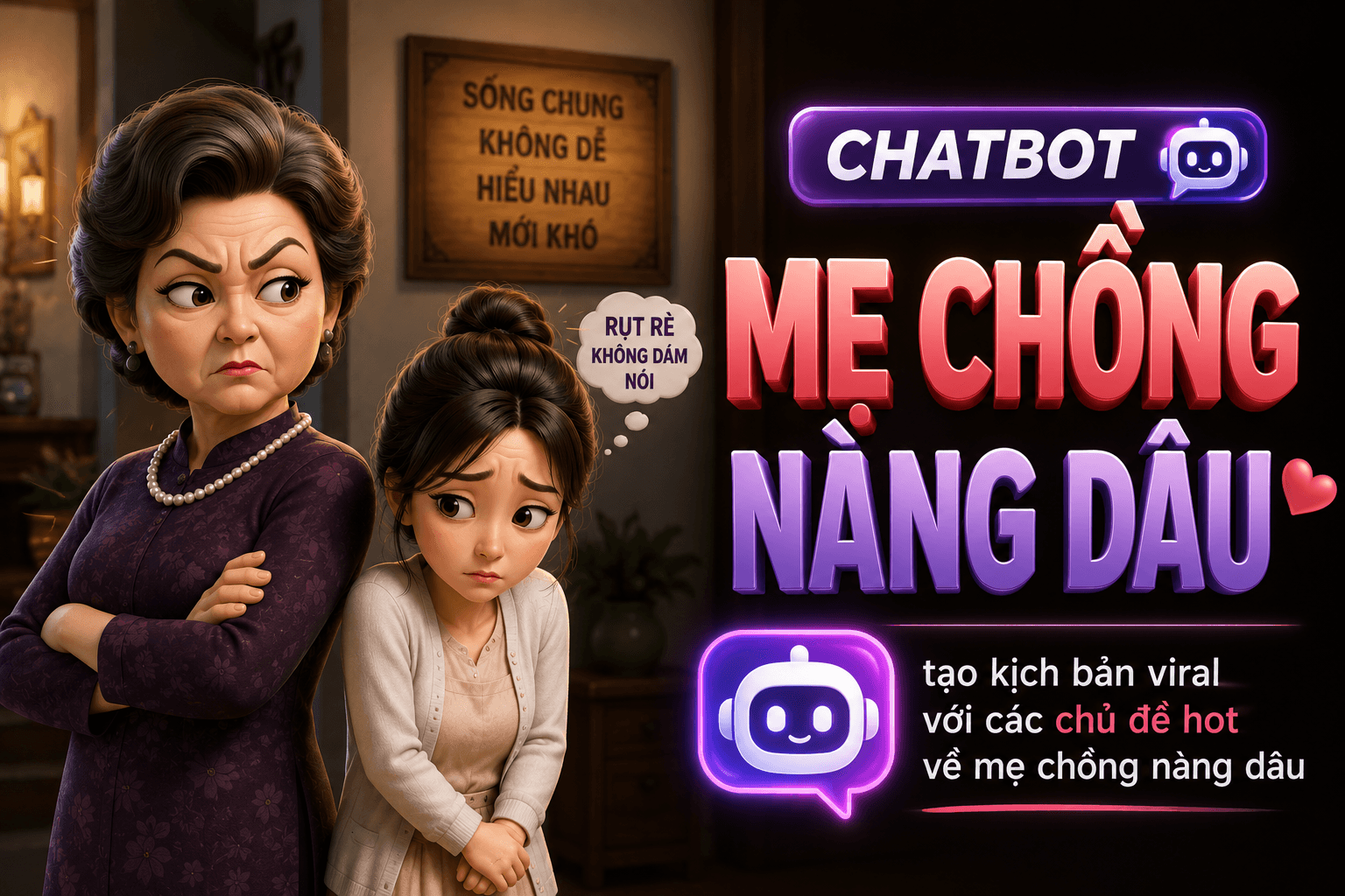 Ảnh minh hoạ Chatbot Kịch Bản Mẹ Chồng Nàng Dâu — Drama Gia Đình Viral Trong 2 Phút