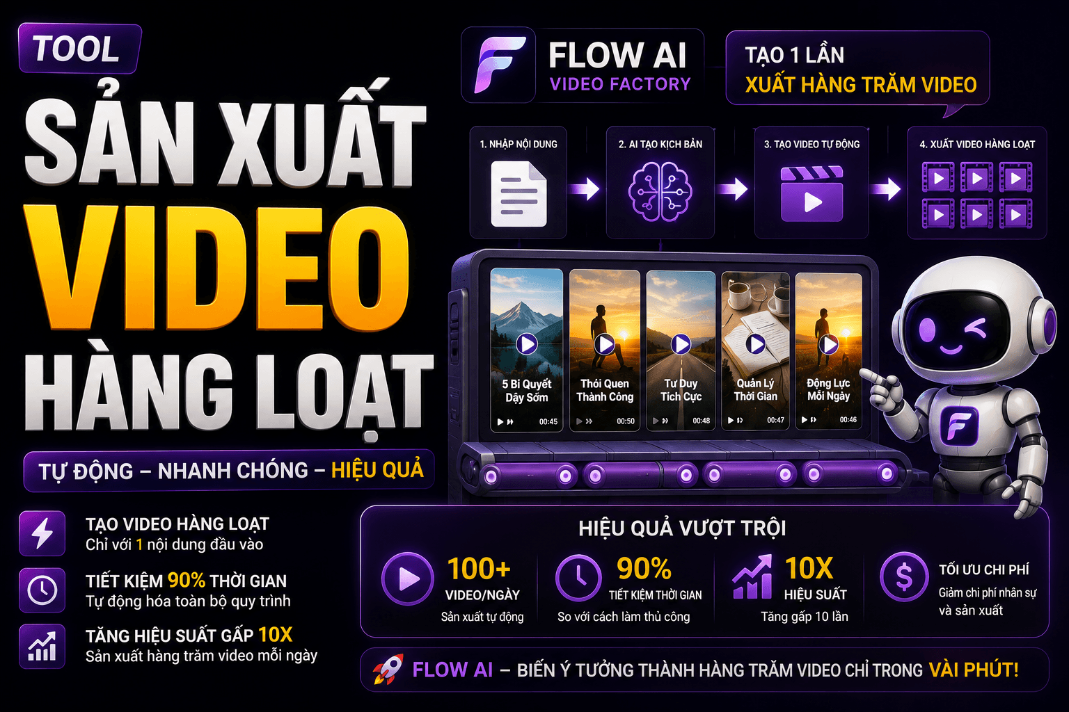 Ảnh minh hoạ Tool Sản Xuất Video Hàng Loạt AI — 1 Click Ra Hàng Chục Video